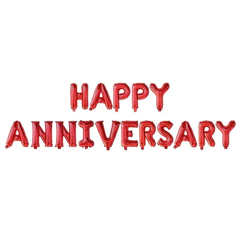 A set of red foil balloons spelling out the words HAPPY ANNIVERSARY
