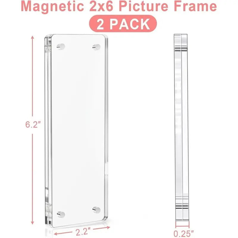 A set of two 2x6 magnetic picture frames, one rectangular and one vertical, made of clear acrylic.