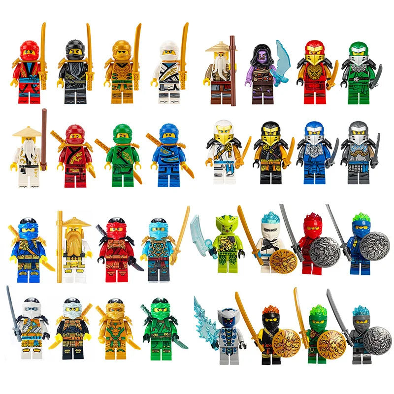 A collection of various Golden Ninja building block figures in different colors and poses.