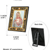 Front and back views of a framed Catholic icon featuring the Virgin Mary and St. Michael, displayed as a tabletop picture fra