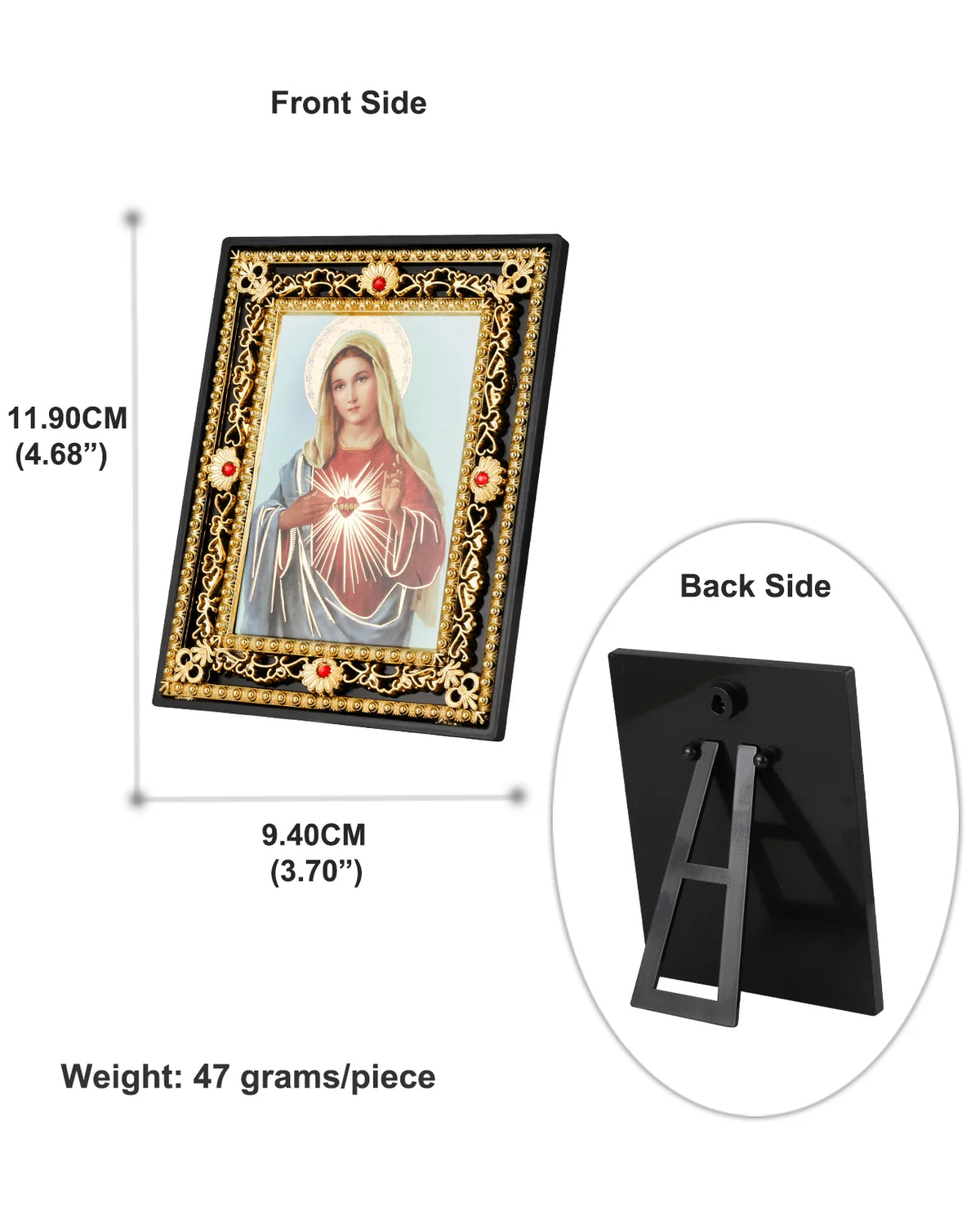 Front and back views of a framed Catholic icon featuring the Virgin Mary and St. Michael, displayed as a tabletop picture fra