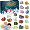 A box of an Advent calendar containing various natural crystal gemstones and minerals.