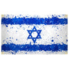 A distressed banner featuring horizontal blue and white stripes with a blue Star of David in the center.