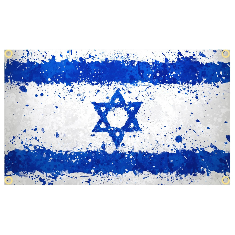 A distressed banner featuring horizontal blue and white stripes with a blue Star of David in the center.