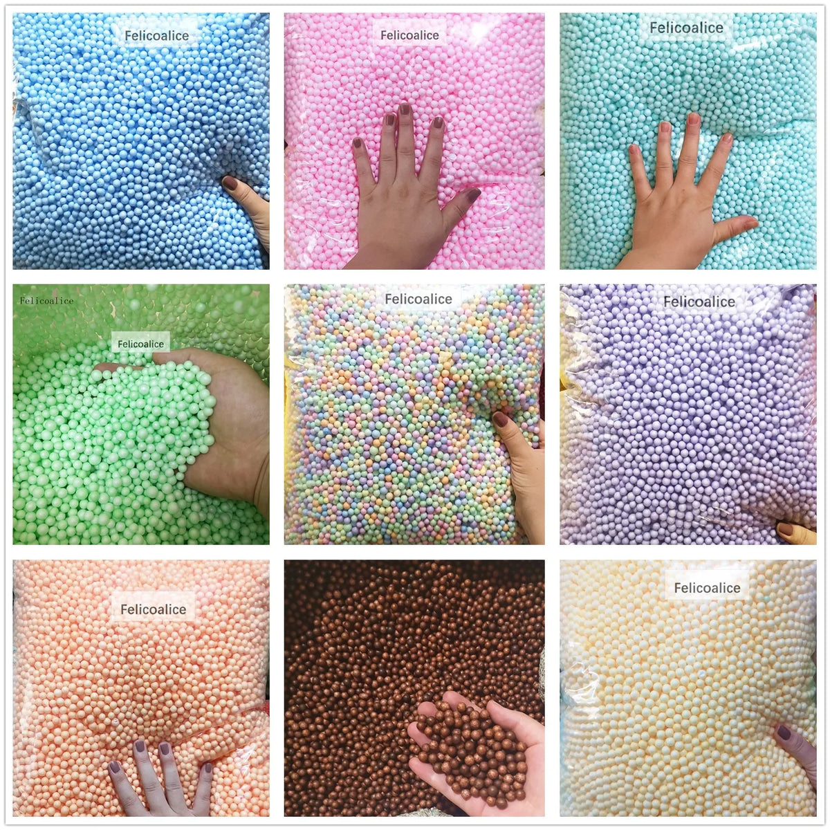 Various colors of pastel foam beads shown in close-up on a hand for crafting and decoration
