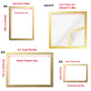 Various sizes of gold magnetic picture frames shown with dimensions in centimeters and inches.