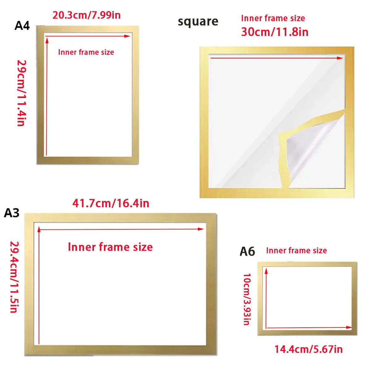 Various sizes of gold magnetic picture frames shown with dimensions in centimeters and inches.