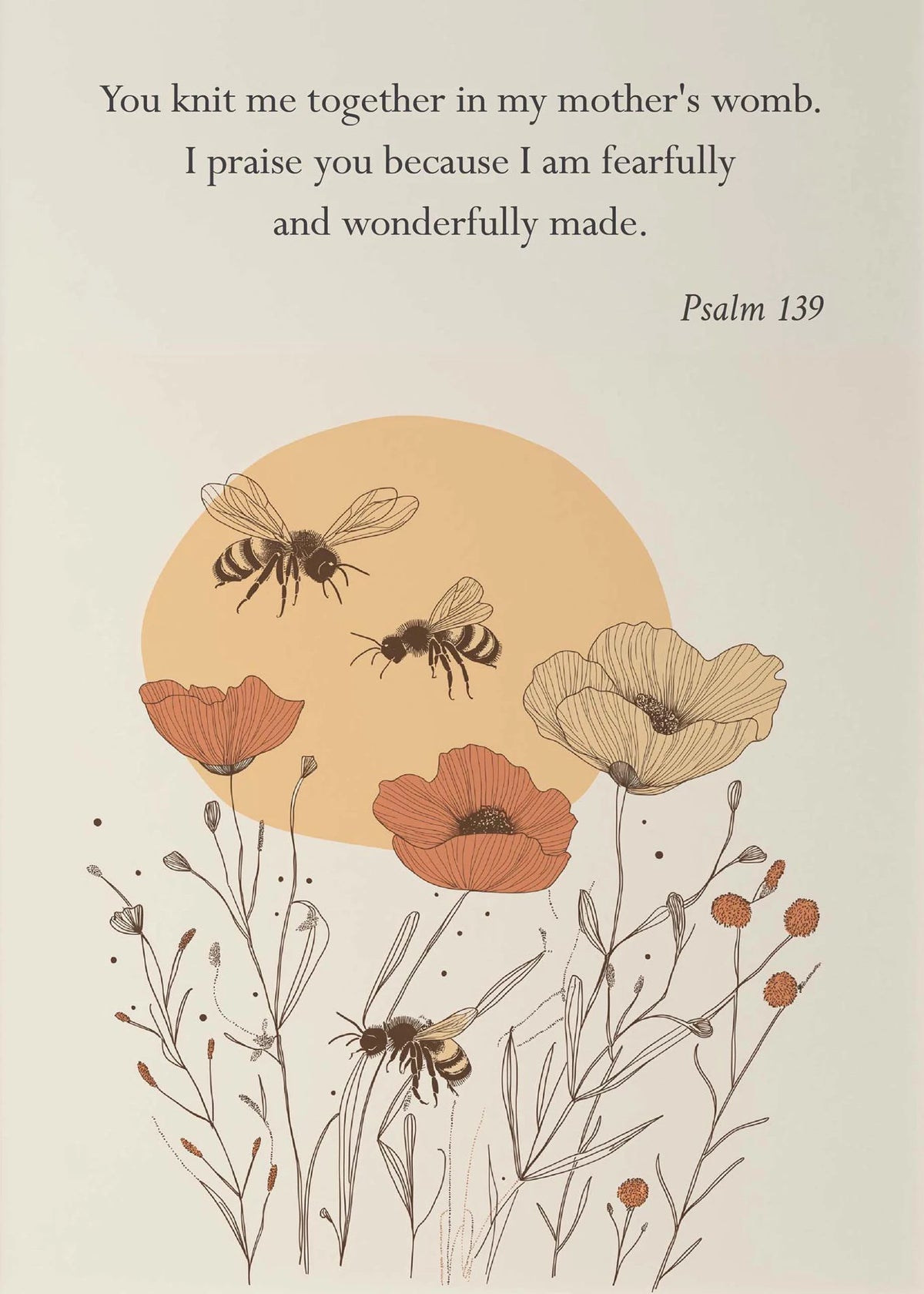 A watercolor illustration featuring bees and flowers with the text from Psalm 139.