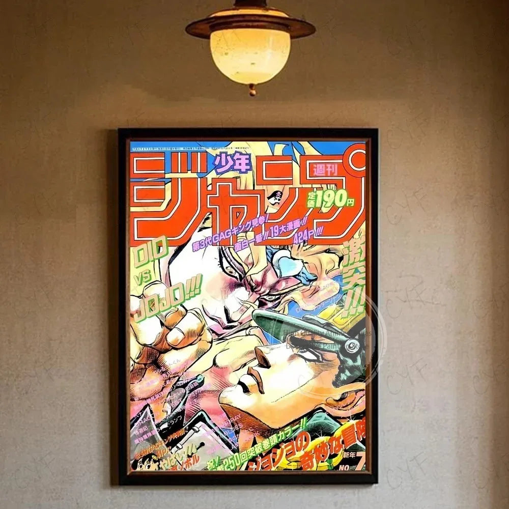 A vibrant anime poster featuring characters from JoJo's Bizarre Adventure in a dynamic, colorful style.