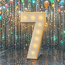 A large illuminated number seven sign stands in front of a sparkling backdrop of hanging lights and balloons.