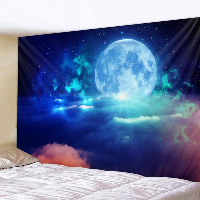 A tapestry depicting a vibrant blue and purple night sky with a large full moon and glowing nebulae.