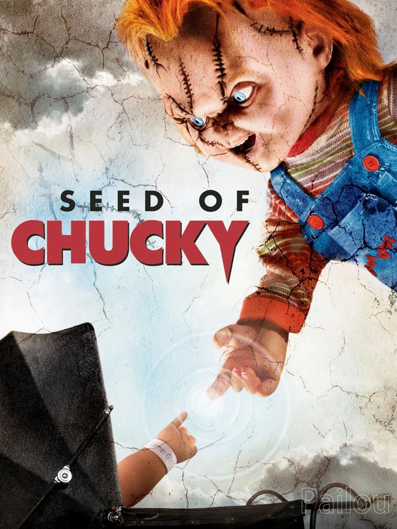 A close-up horror portrait of Chucky with stitched features and blue eyes, featured on a seed of Chucky diamond painting kit 