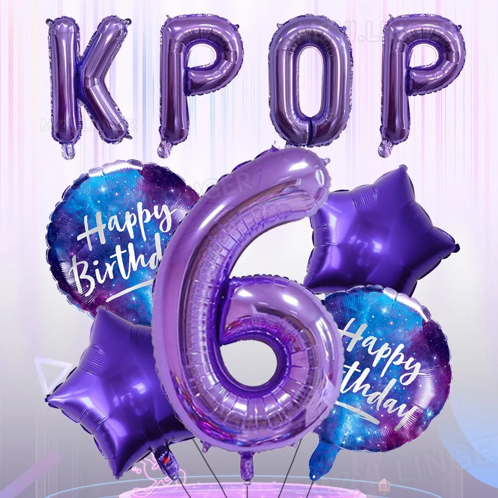 A collection of purple foil number balloons spelling KPOP and the number 6, including star-shaped and round balloons.