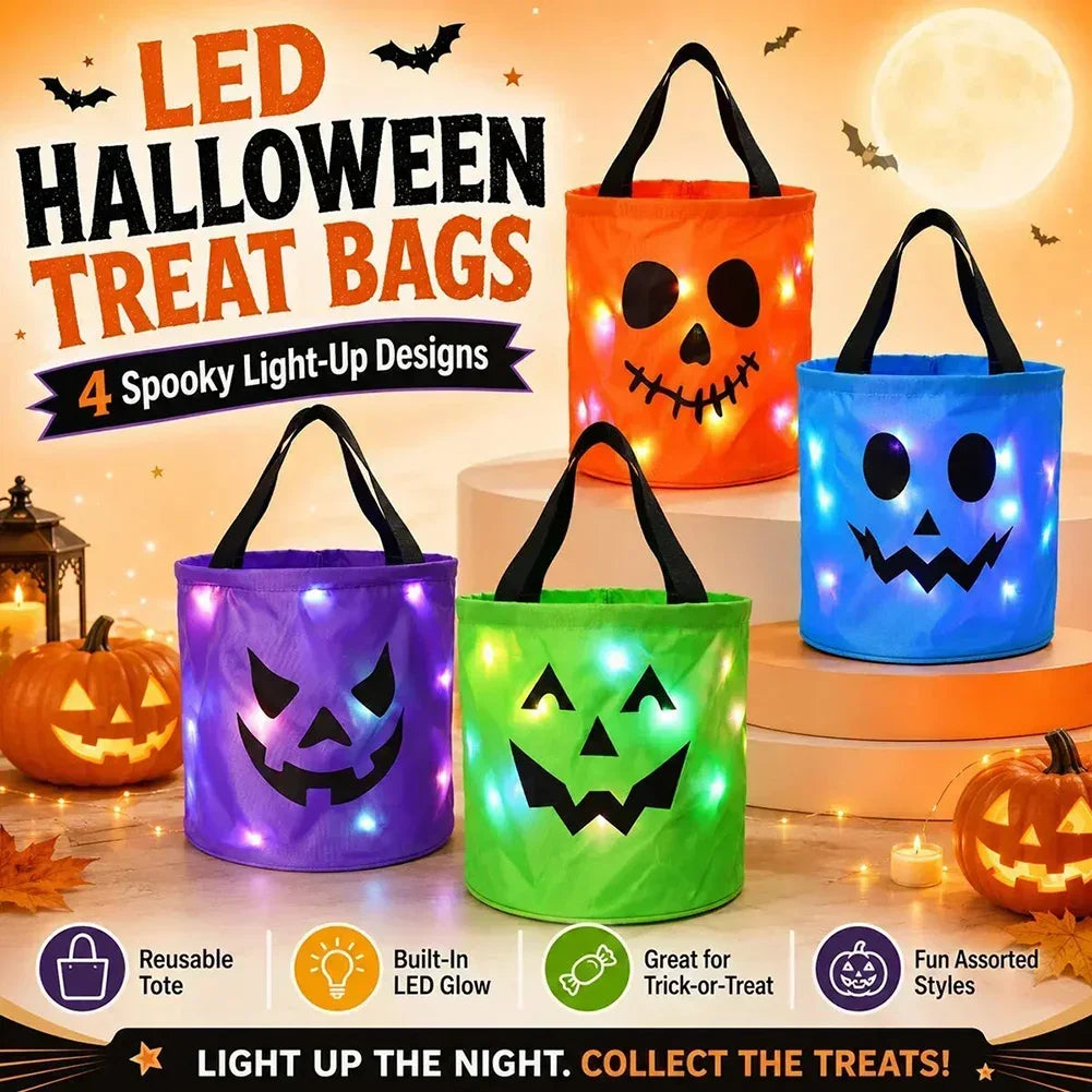 Four spooky LED light-up Halloween treat bags in orange, blue, and green sitting on a surface.