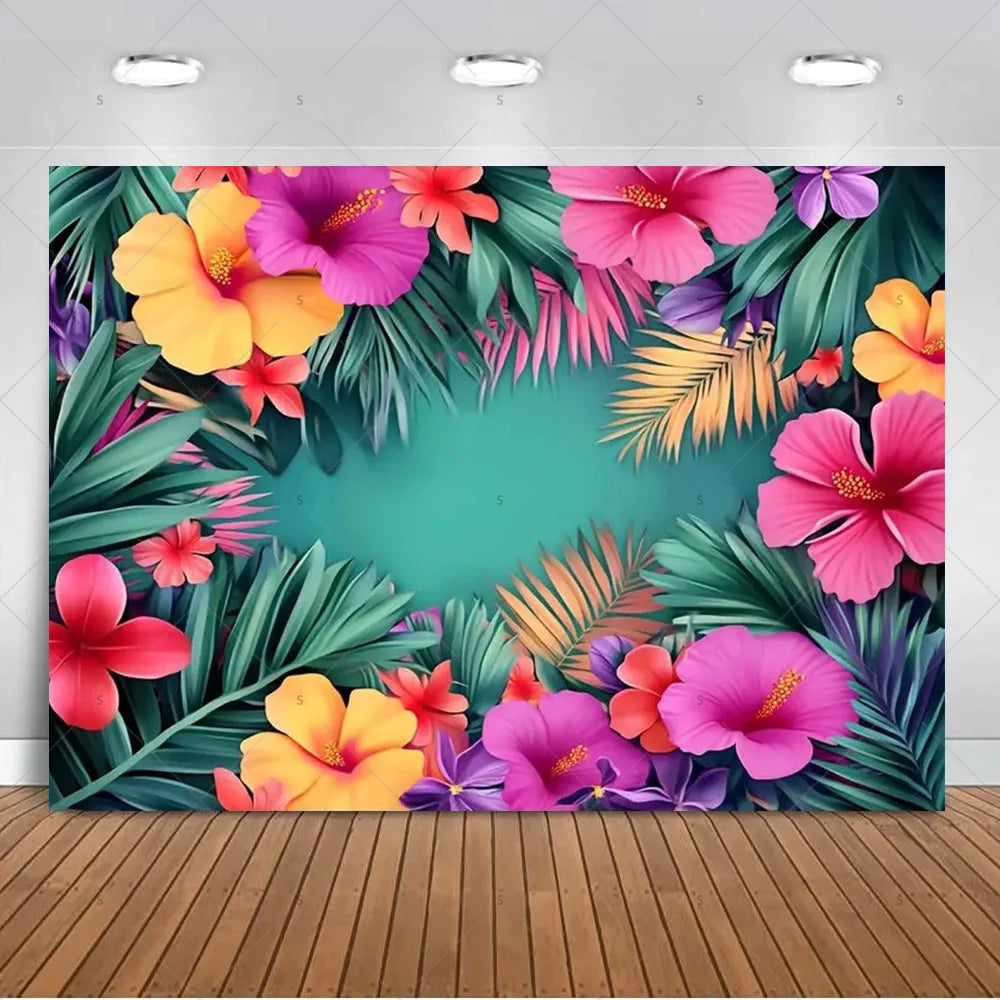 A vibrant tropical palm leaf backdrop featuring pink, orange, and purple flowers and lush green foliage.