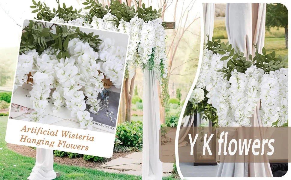 Artificial Wisteria hanging flowers in white and green on a display stand.