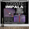 A black and white tapestry featuring the text Tame Impala and album art.