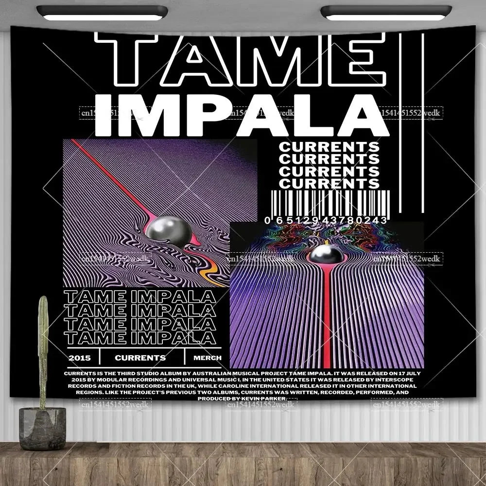 A black and white tapestry featuring the text Tame Impala and album art.