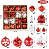 A set of festive Christmas ornaments in various colors and designs including red, silver, and white with snowflake patterns.