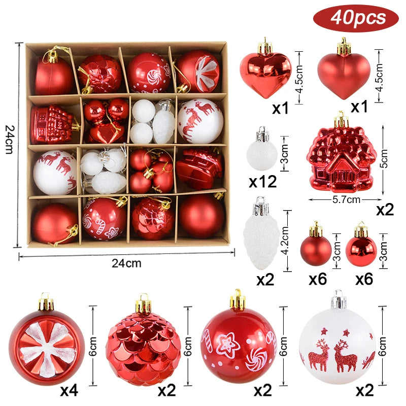 A set of festive Christmas ornaments in various colors and designs including red, silver, and white with snowflake patterns.