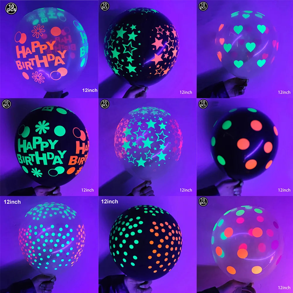 A collection of glow-in-the-dark latex balloons featuring various birthday messages and patterns.
