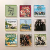 A collection of twelve square acrylic fridge magnets featuring various Chinese text and photographic scenes.