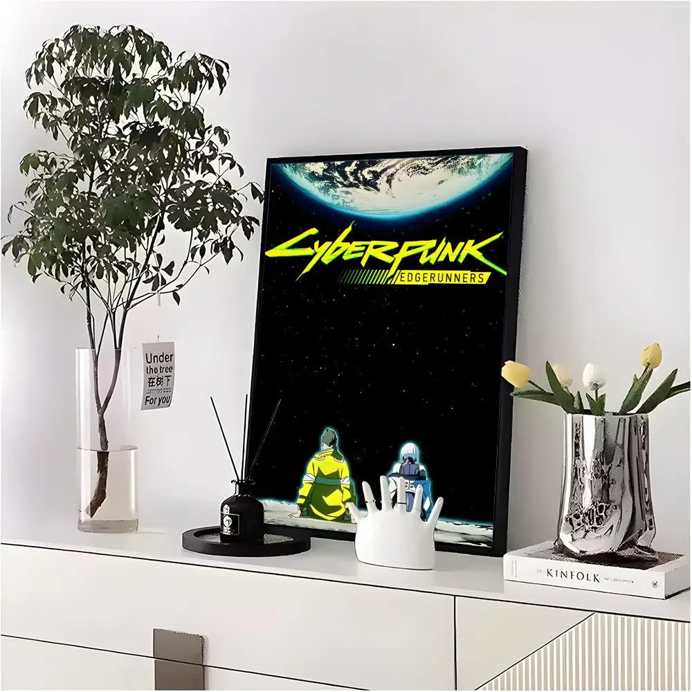 A framed poster of Cyberpunk Edgerunners featuring a detailed illustration of a planet and space scene.