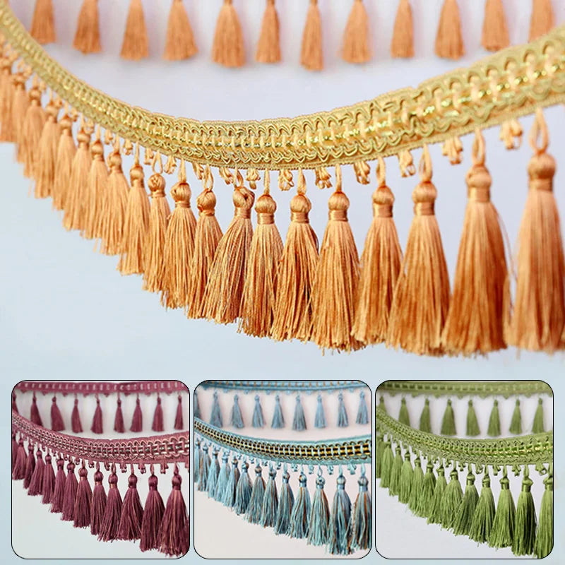 Decorative tassel fringe trim in various shades of orange, purple, blue, and green for curtains and DIY projects