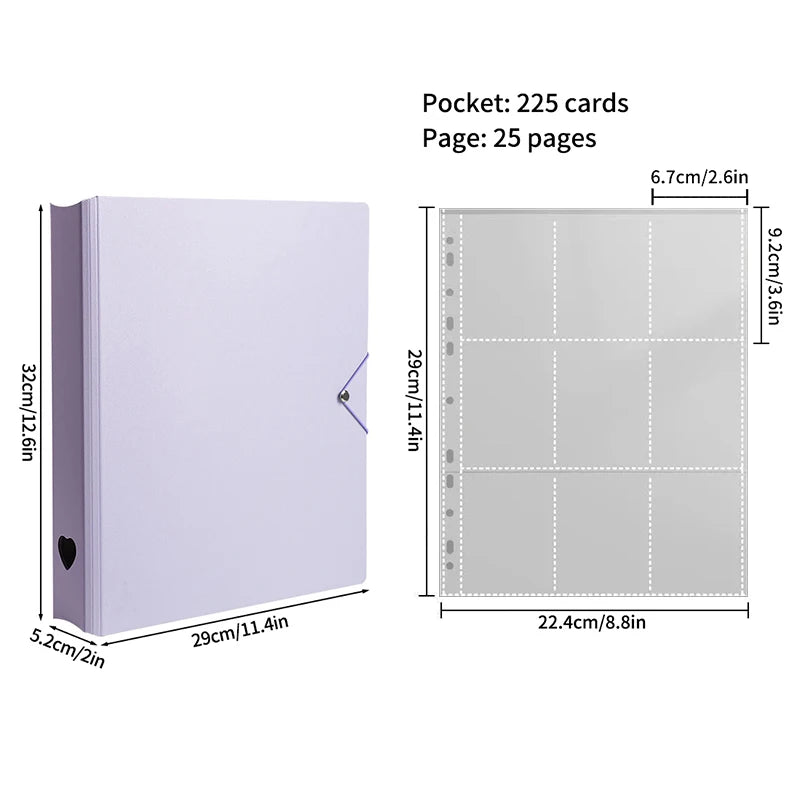 A purple photo card binder with a pocket for 225 cards and 25 pages.