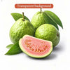 Green unripe fruit cut in half showing pink flesh and seeds on a white background