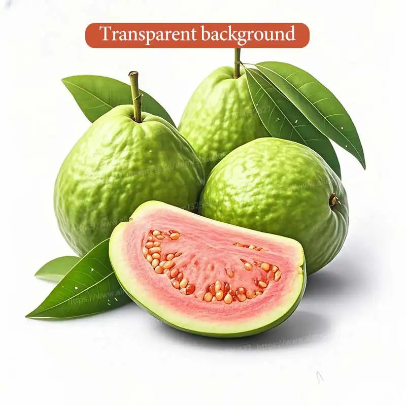Green unripe fruit cut in half showing pink flesh and seeds on a white background