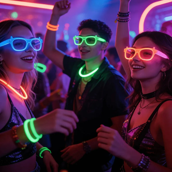 Trois jeunes souriants lèvent les mains avec des lunettes de fête phosphorescentes dans un cadre festif vibrant.