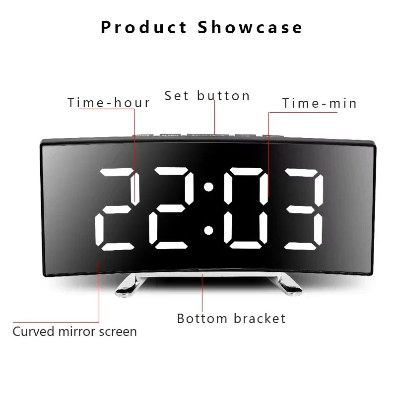 Black LED mirror alarm clock showing 22:03, featuring a curved display and set button.