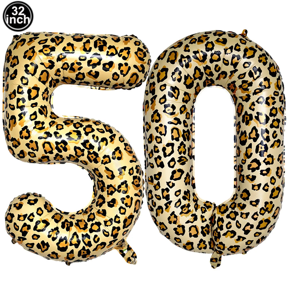 Gold foil balloon numbers 50 and 0 with a leopard print pattern