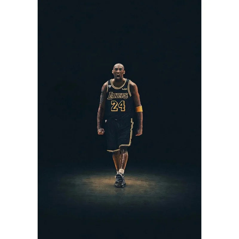 A portrait of a basketball player in a Lakers jersey with the number 24 standing against a dark background.