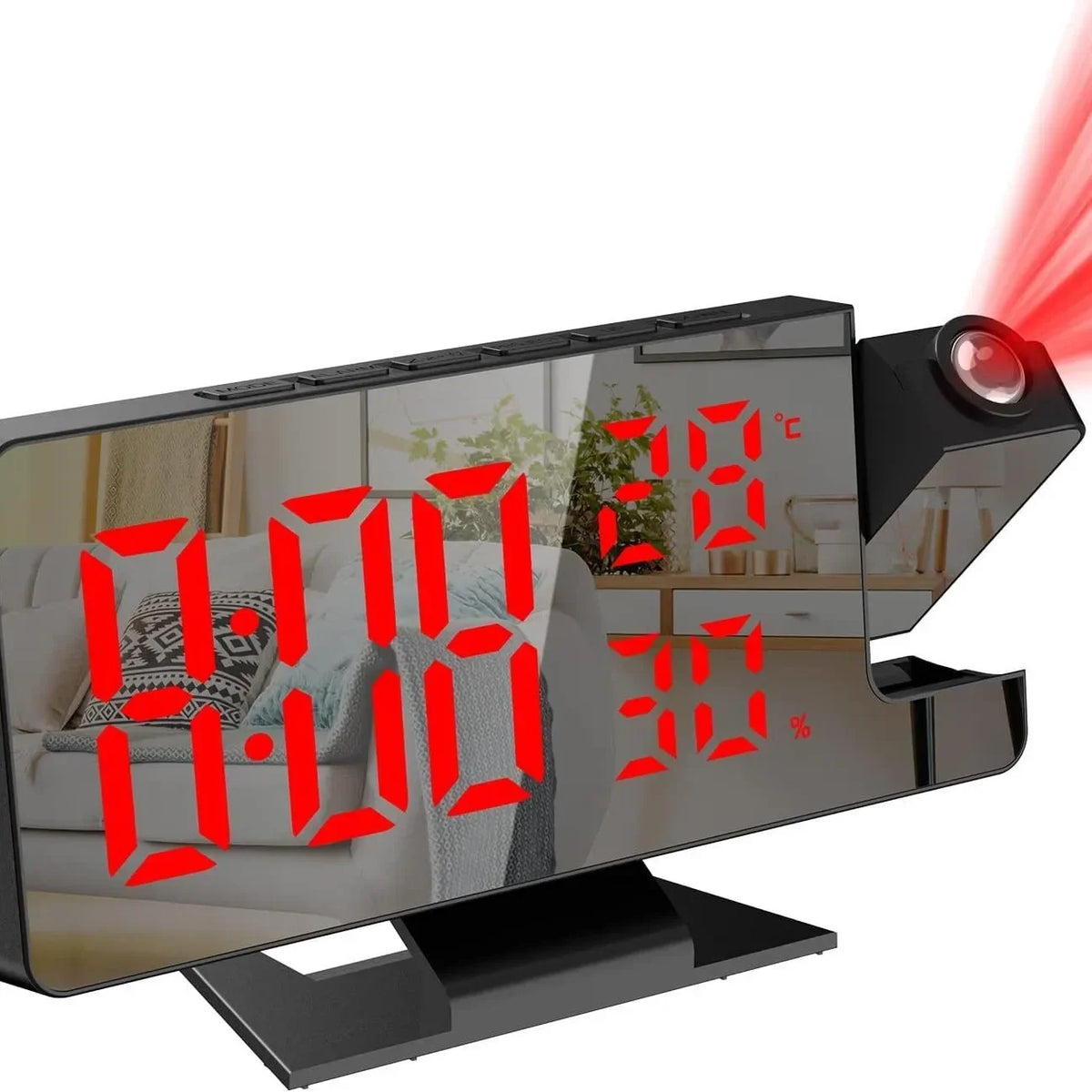 A black LED digital projection alarm clock displaying the time 12:00 and temperature 30 degrees.