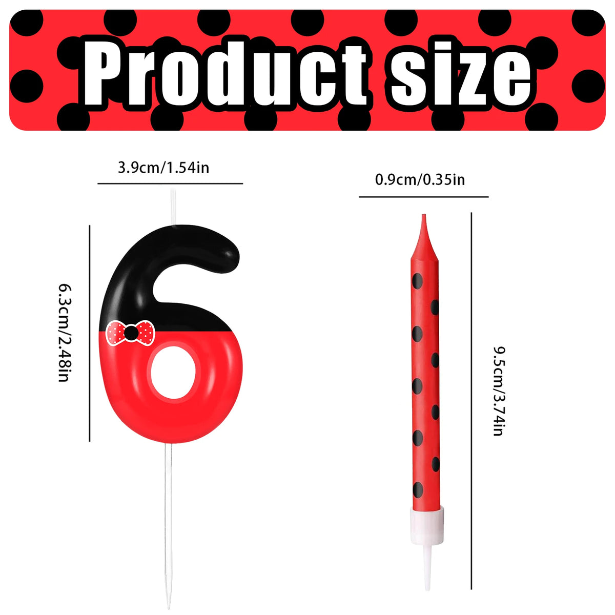 A set of red and black cartoon number birthday candles, including a large six and a tall six, for kids.