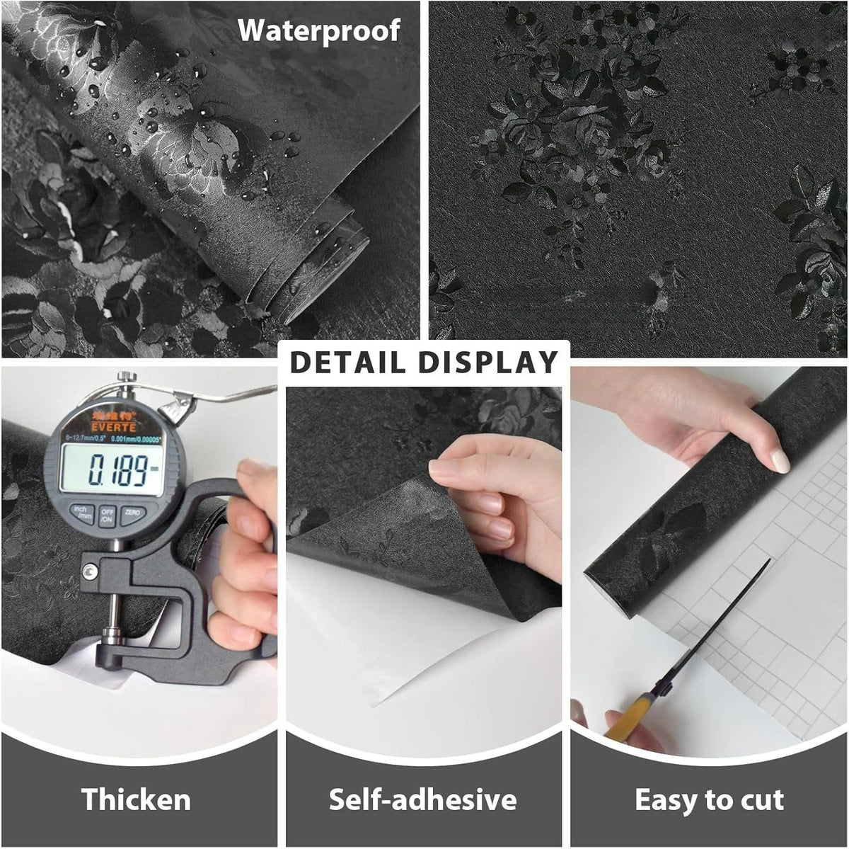 A black floral self-adhesive contact paper is shown with details on waterproof properties, thickness, and ease of cutting.