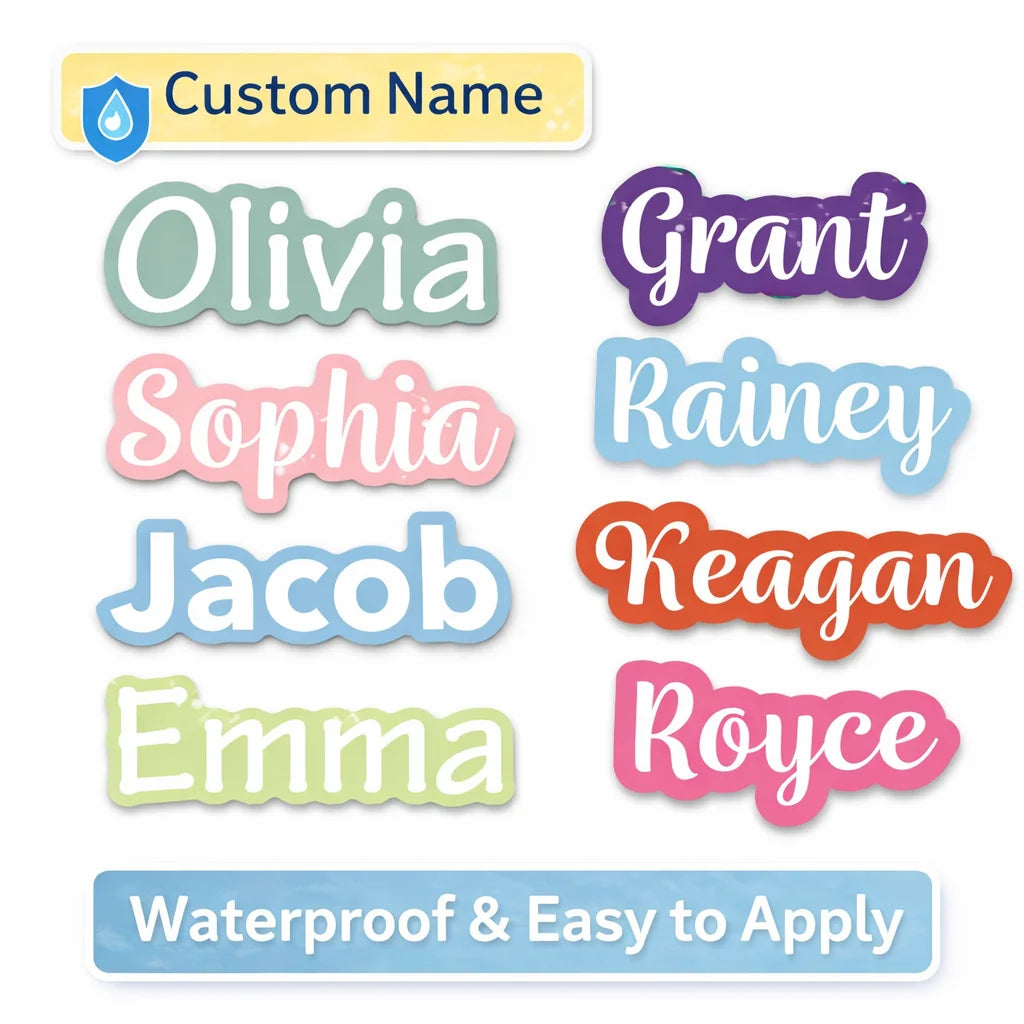 A collection of custom name stickers featuring various names like Olivia, Grant, Sophia, Rainey, Jacob, Keagan, and Emma, des