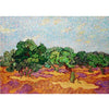 An oil painting depicting a landscape with green trees under a light blue sky and reddish-brown earth.