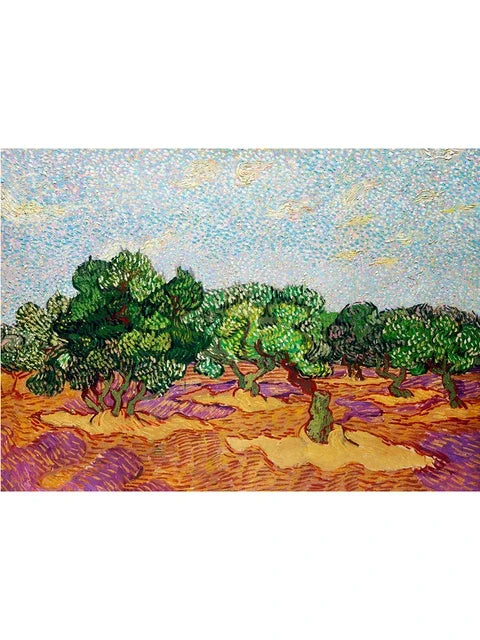 An oil painting depicting a landscape with green trees under a light blue sky and reddish-brown earth.
