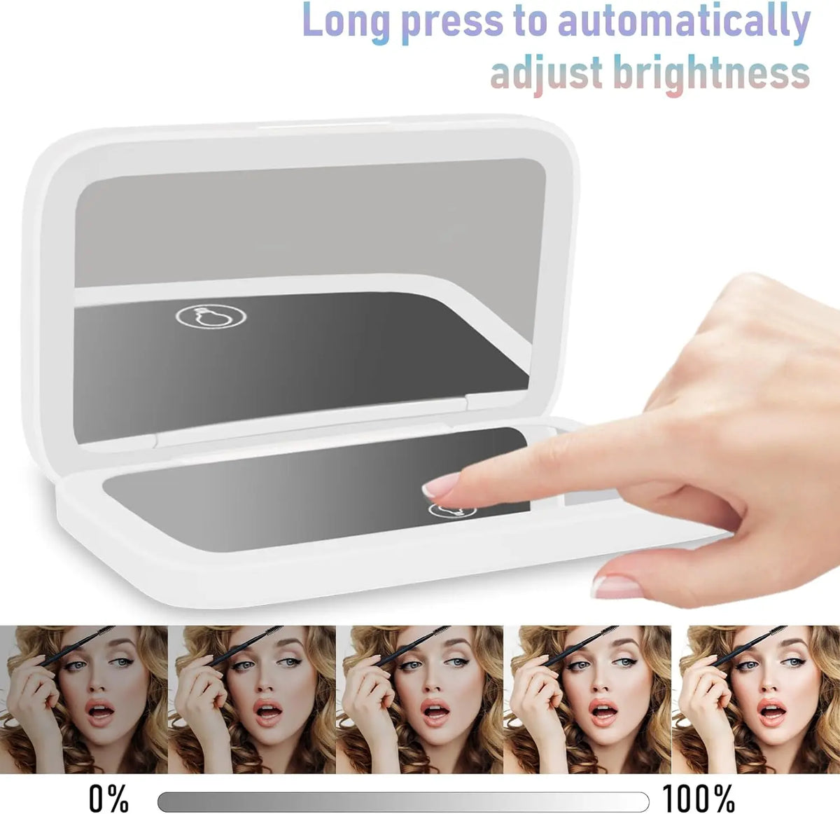 A portable touch screen makeup mirror showing a slider for adjusting brightness, with close-ups of a woman's face.