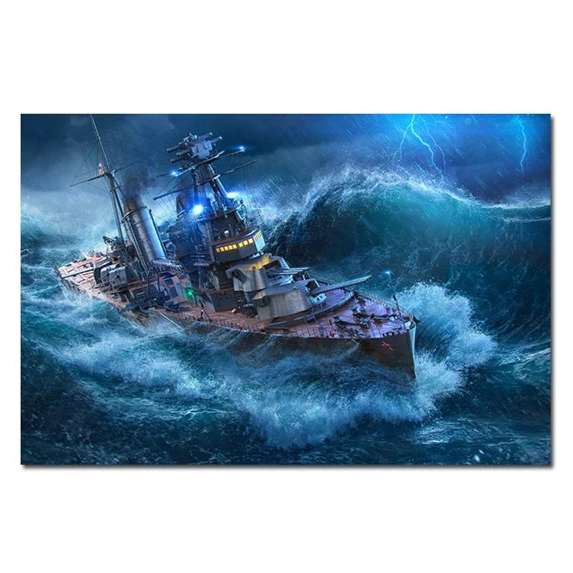 A dramatic depiction of a Bismarck-class battleship battling rough seas under stormy skies with lightning.
