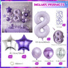 A set of purple and silver balloons, including large number balloons, star balloons, and ribbon.