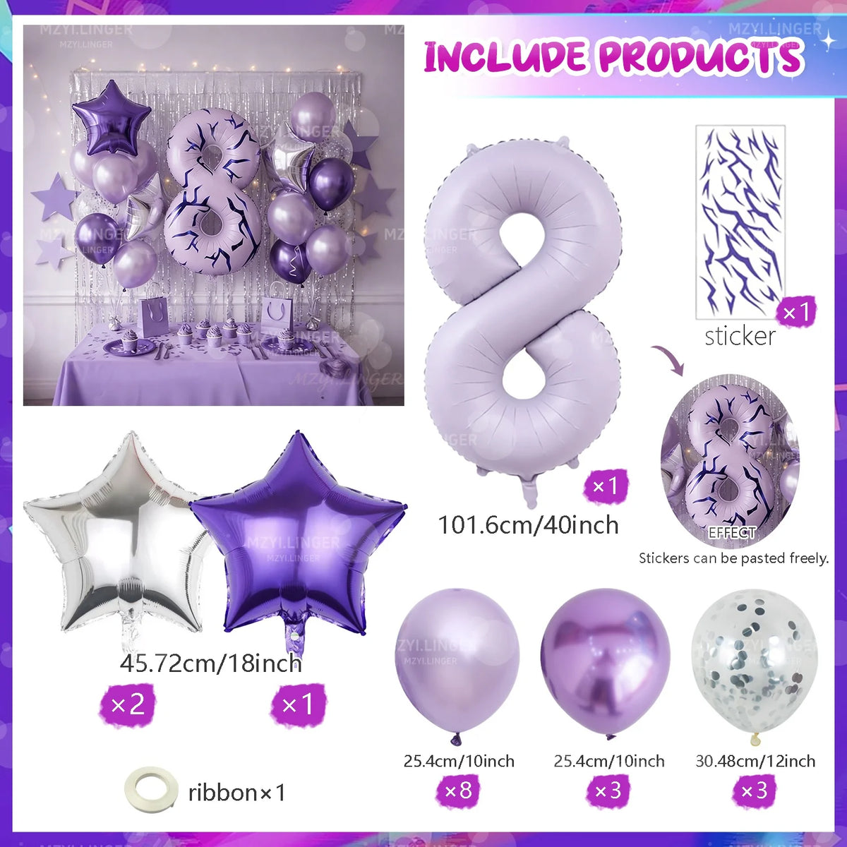 A set of purple and silver balloons, including large number balloons, star balloons, and ribbon.