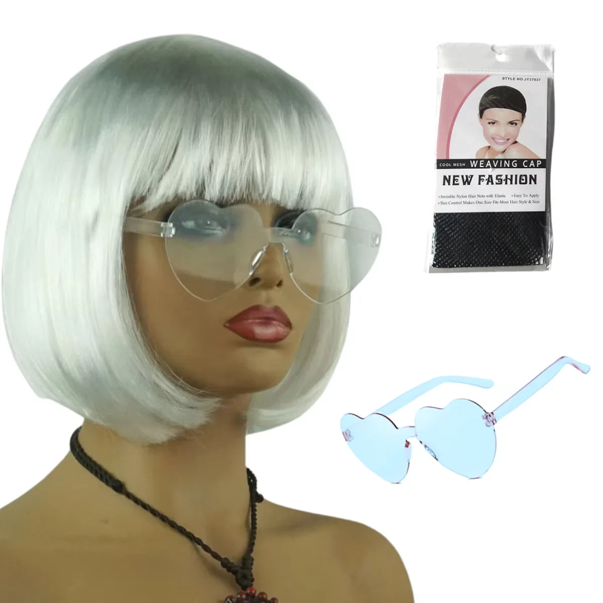 A short silver bob wig with clear glasses and a package of weaving cap is displayed on a mannequin.