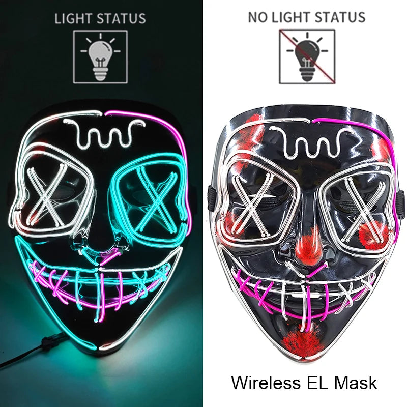 A glowing LED mask featuring multiple light modes, including a neon pink and blue design.