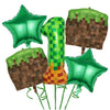 A set of green miner theme party decorations including balloons shaped like stars and a brown block decoration.
