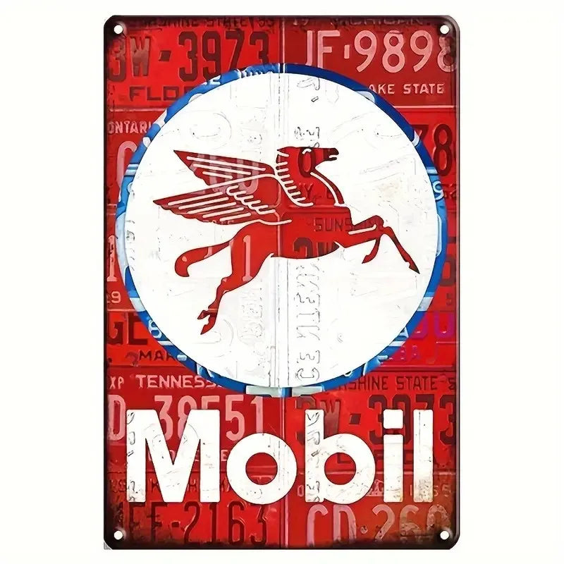 Vintage metal tin sign featuring a red silhouette of a horse and rider on a white circle against a distressed red background