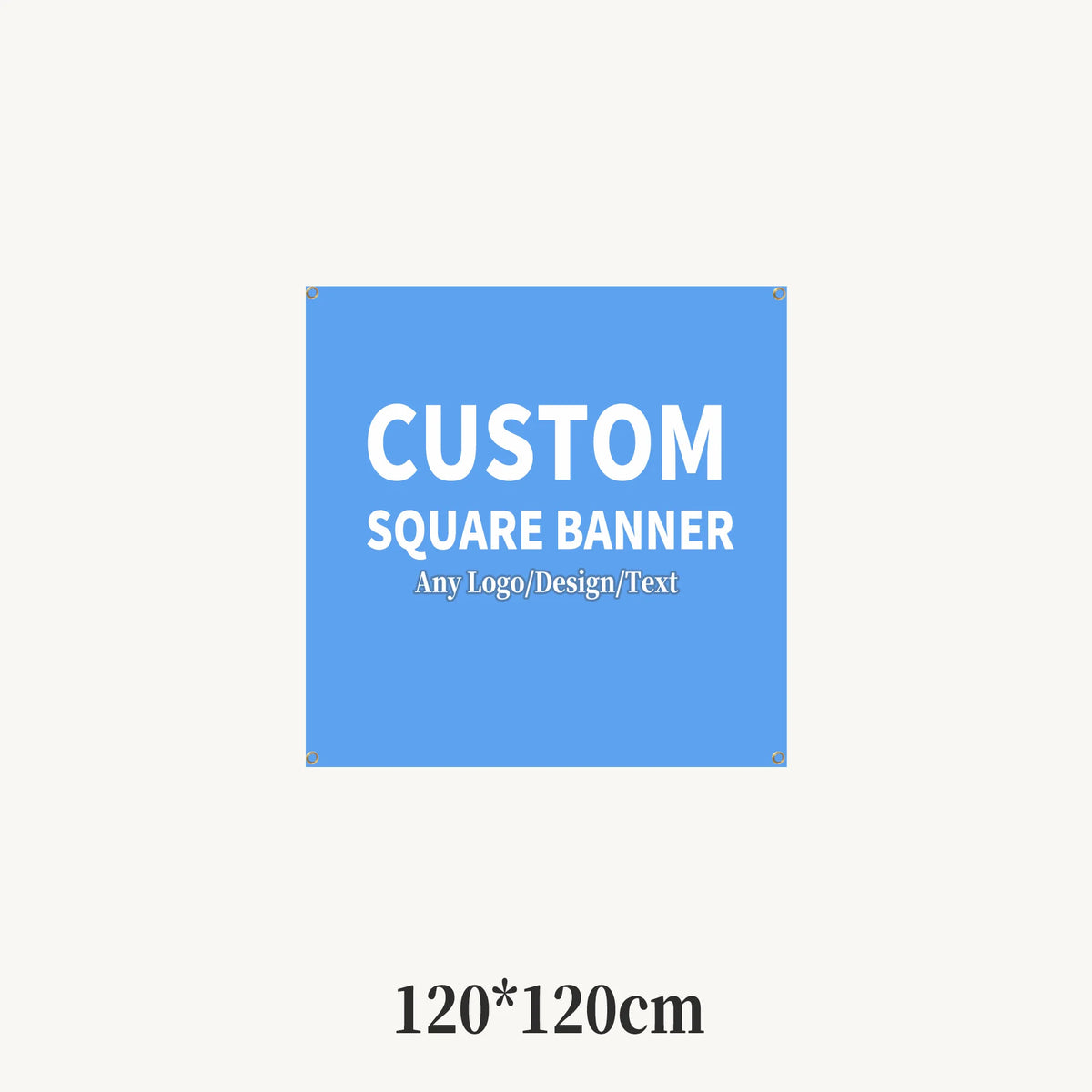 A blue sign template for a custom square banner with options for logo, design, or text.